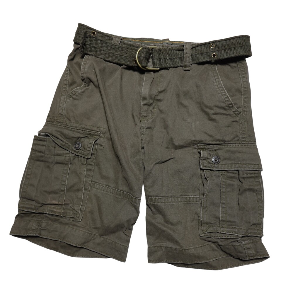 Old Navy Cargo Shorts Mens 32 Green Cotton Canvas Belted Relaxed Fit Casual
